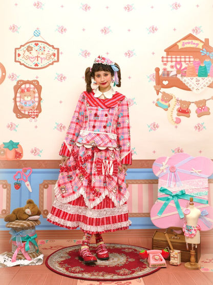 Red Pink Check Lace Skirt Blazer【s0000015574】