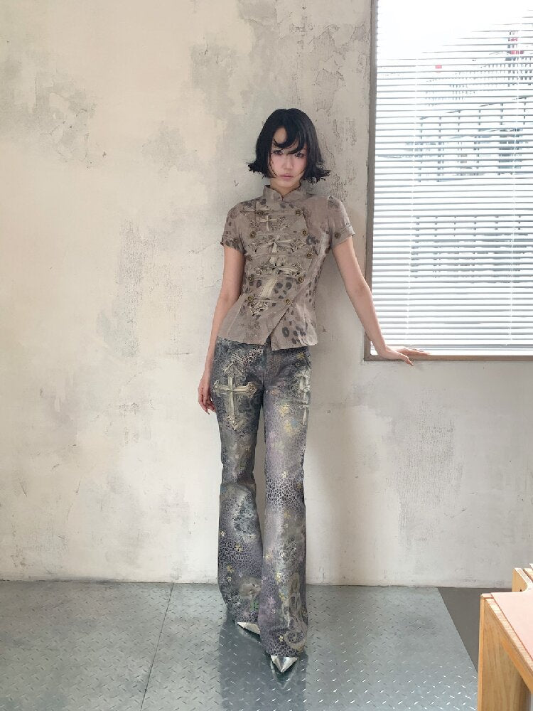 Leopard Cross Cotton Flared Pants【s0000018087】