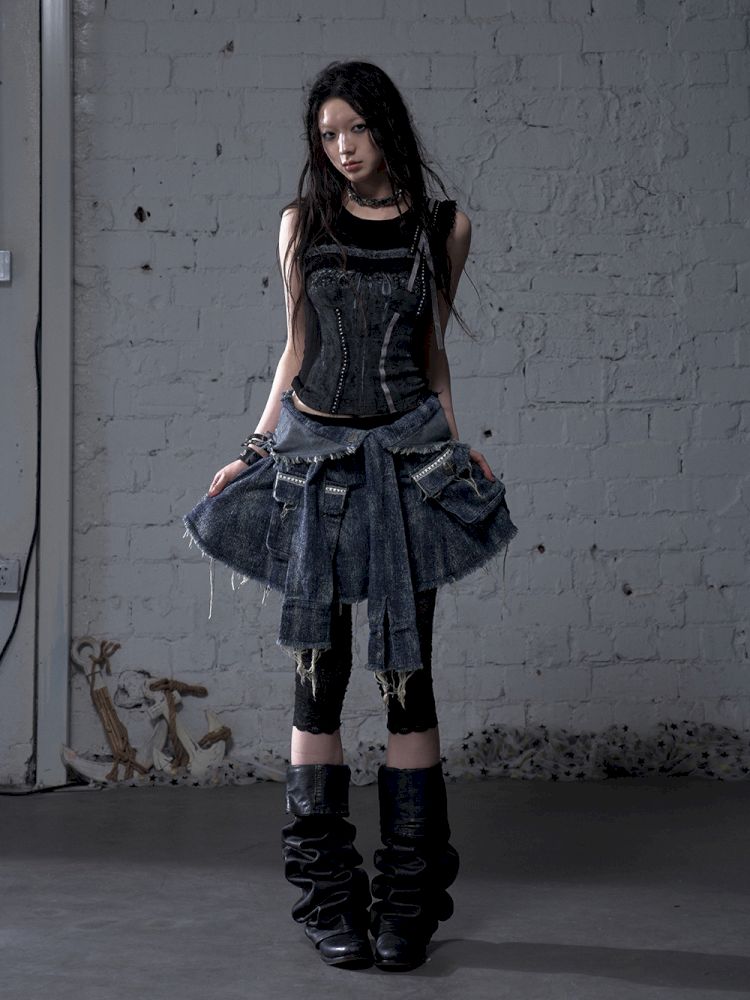 Hooded washed denim shirt dress skirt【s0000012784】