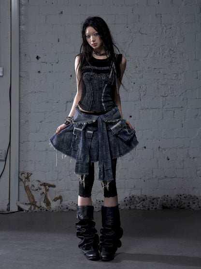 Hooded washed denim shirt dress skirt【s0000012784】