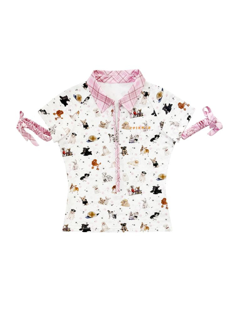 Dog Print Zipper Polo Shirt【s0000013874】
