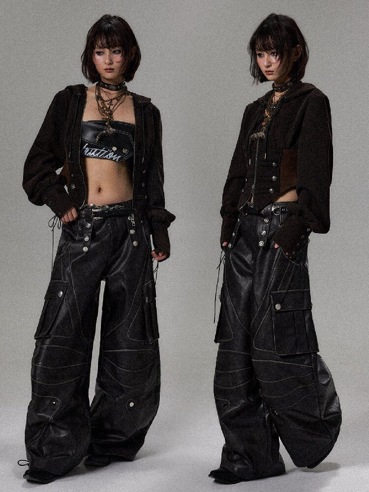 Vintage Washed Curved Leather Pants【s0000018492】