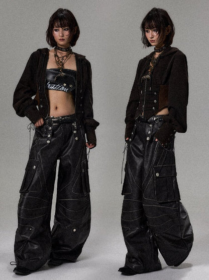 Vintage Washed Curved Leather Pants【s0000018492】