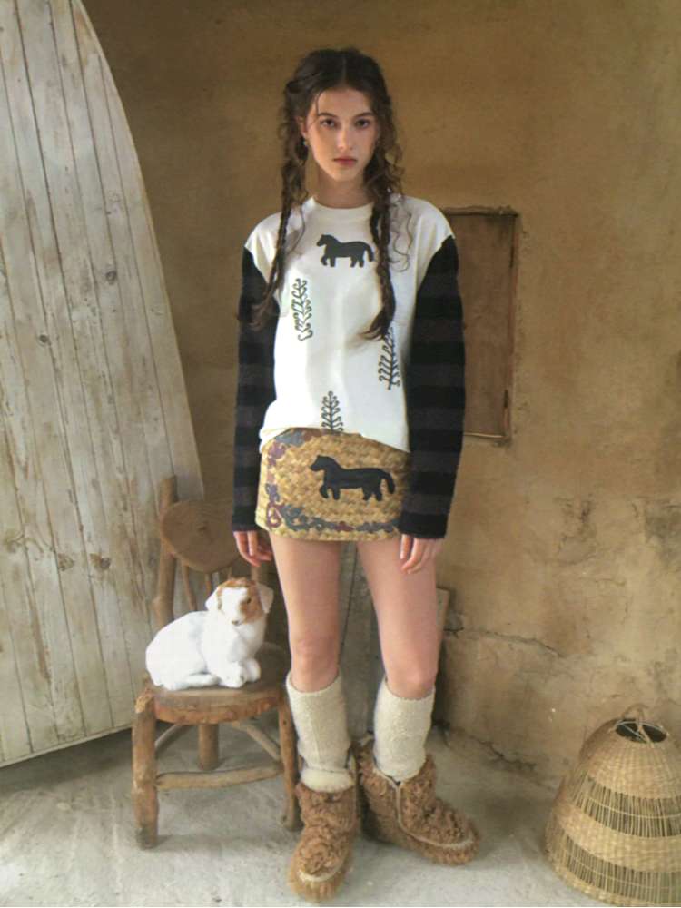 Striped Patchwork Pony Print T-Shirt【s0000014899】