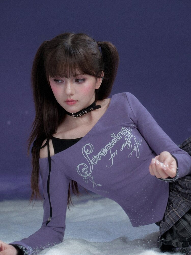 Black Purple Print Fake Two Tee【s0000015469】