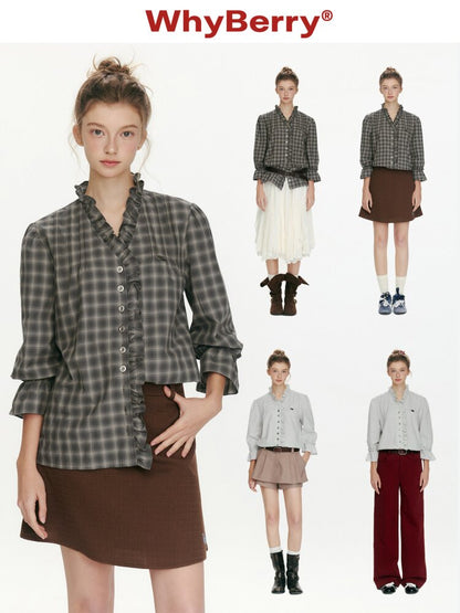 French V-neck Plaid Fungus Shirt【s0000015677】