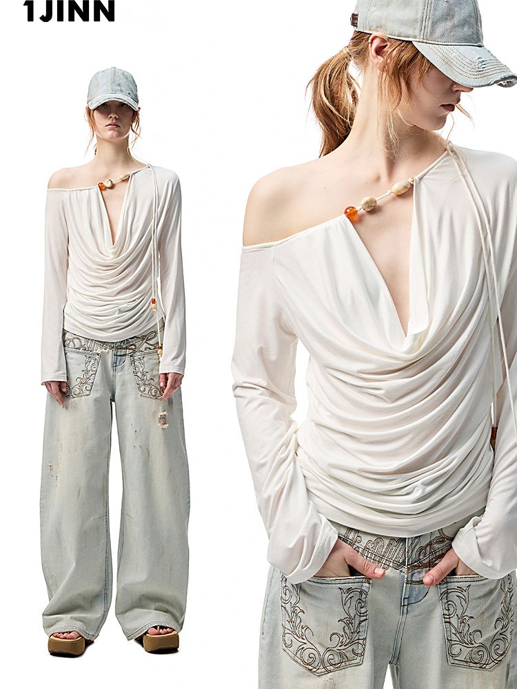 Beaded Swing Neck Strapless Long Sleeve Blouse【s0000012404】
