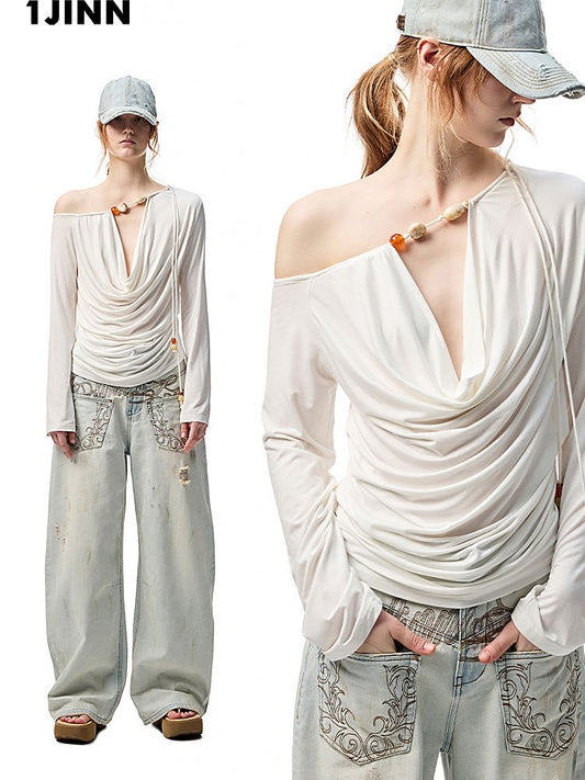 Beaded Swing Neck Strapless Long Sleeve Blouse【s0000012404】