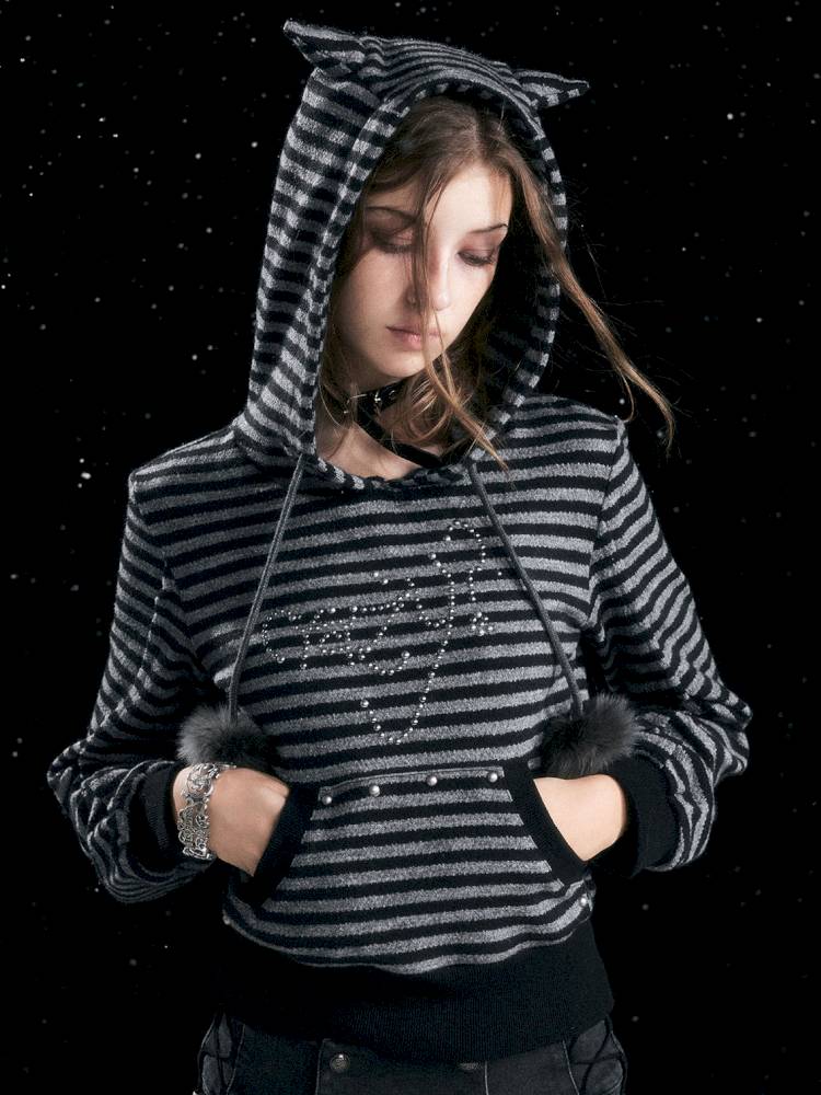 Striped Cat-Ear Hoodie【s0000014425】