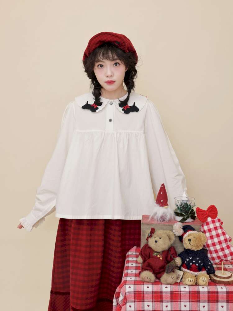 Puppy Bow Embroidery Lace Shirt【s0000015099】