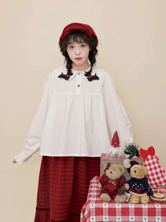Puppy Bow Embroidery Lace Shirt【s0000015099】