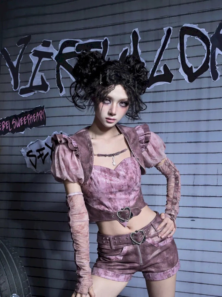 Puff Sleeve Heart-Print Strapless Two-Piece Top【s0000014027】