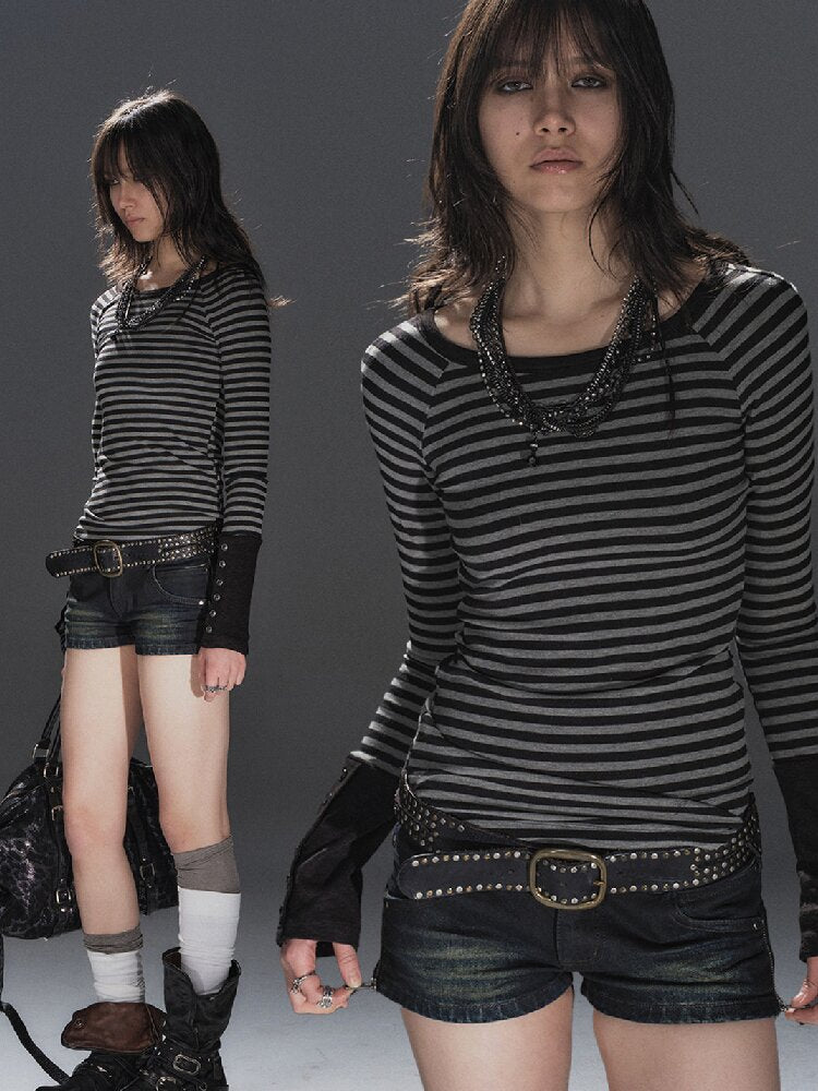 Striped Slim Punk Raglan T-Shirt【s0000016234】