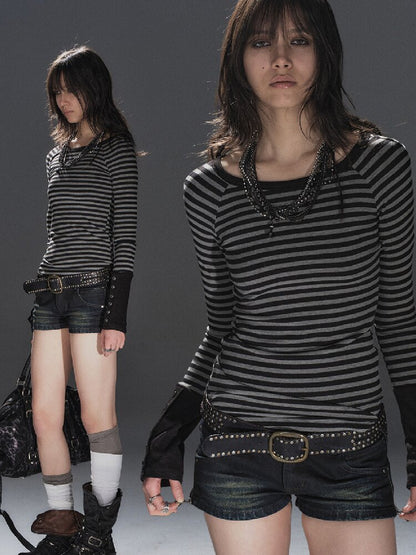 Striped Slim Punk Raglan T-Shirt【s0000016234】