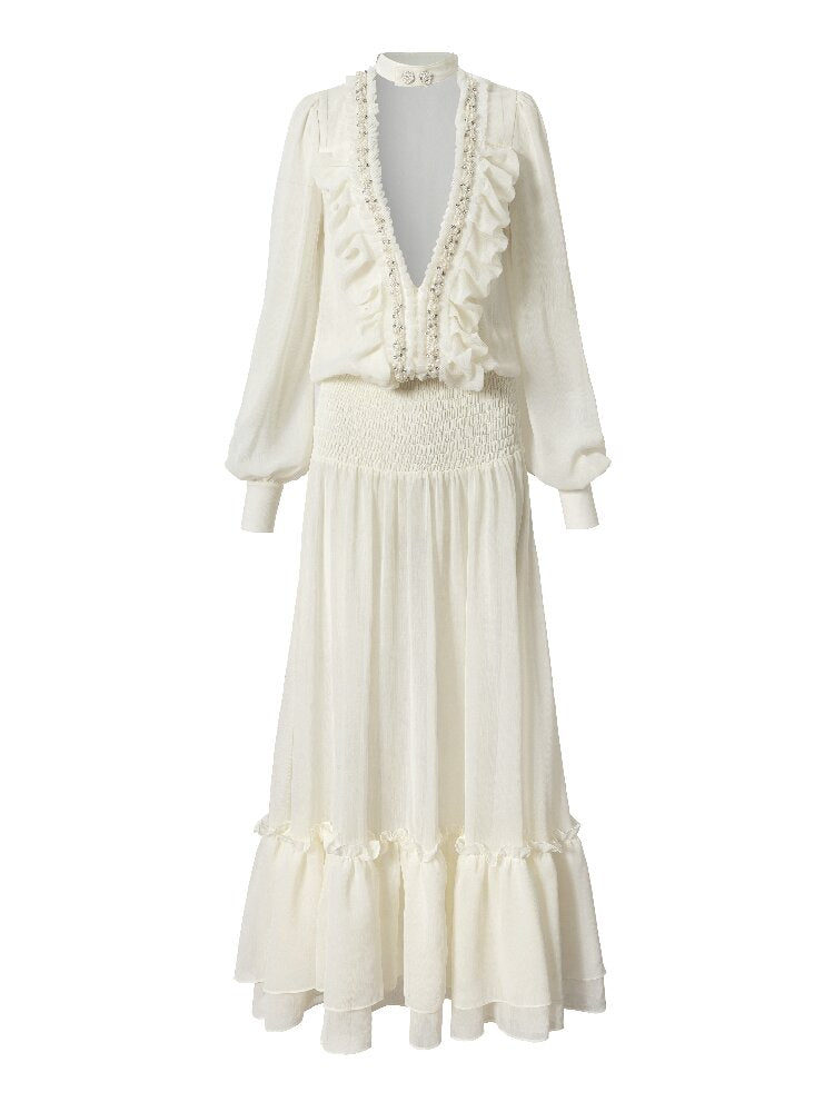 Shirring Deep V Chiffon Dress【s0000015932】