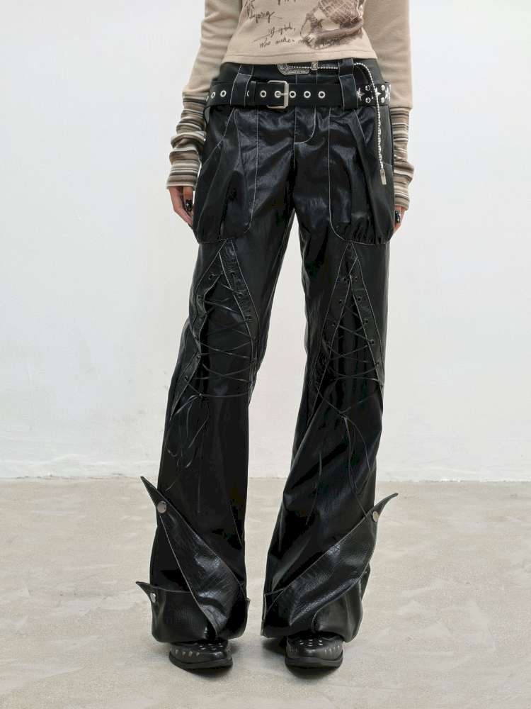 Strap Double Waist Leather Pants【s0000014834】