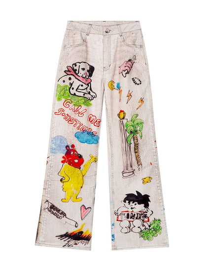 White Graffiti Denim Trousers【s0000013337】