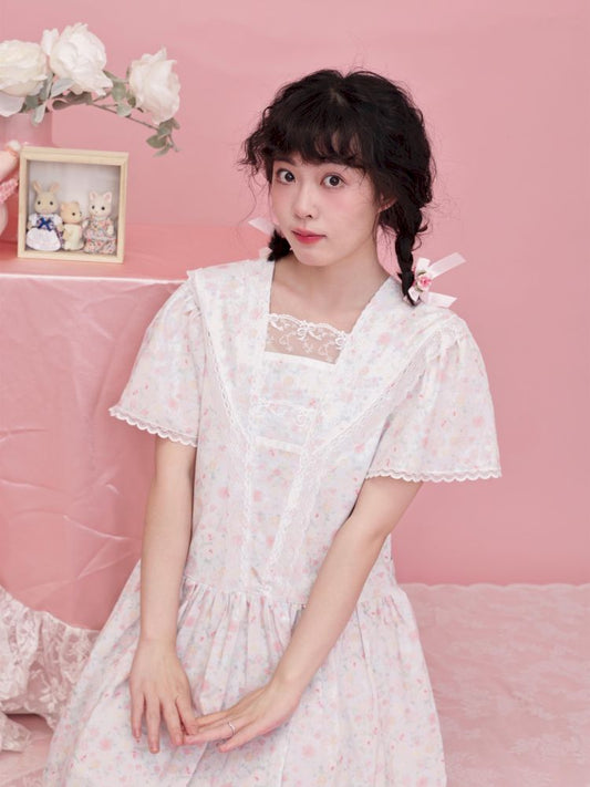 Rose pattern navy collar lace dress【s0000012853】
