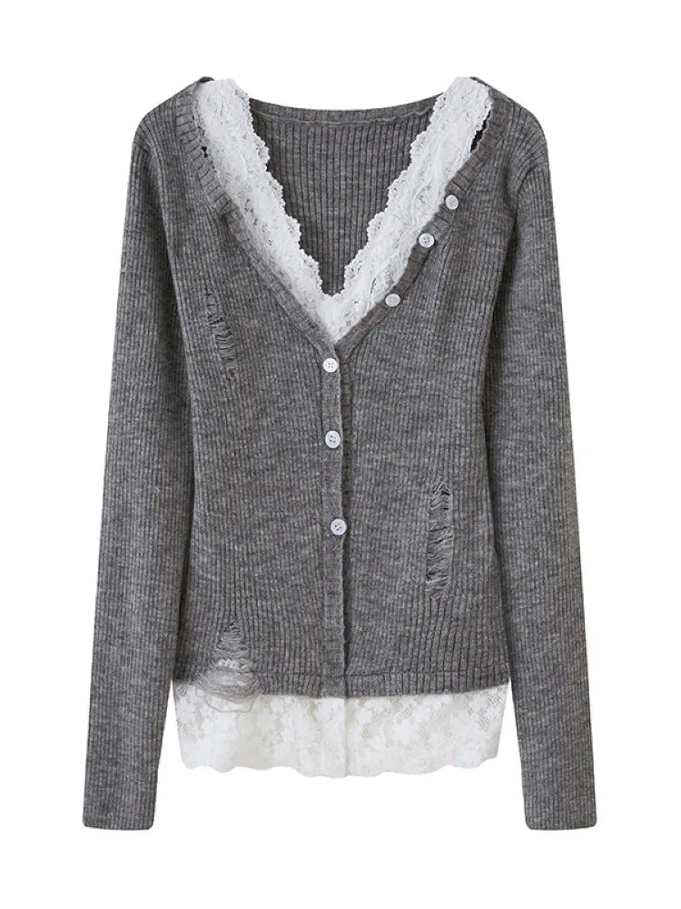 Slim-Fit V-Neck Off-Shoulder Knit Cardigan【s0000014061】