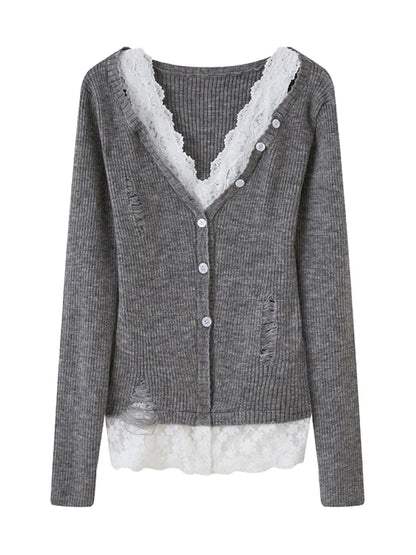 Slim-Fit V-Neck Off-Shoulder Knit Cardigan【s0000014061】