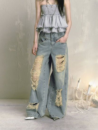 Wide-leg broken holes micro-laundry jeans【s0000012140】