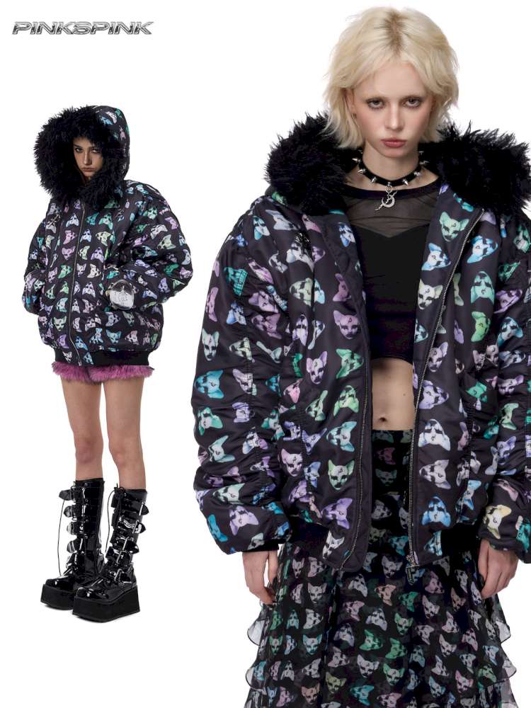 Black Metal Fur Collar Cotton Suit【s0000015129】