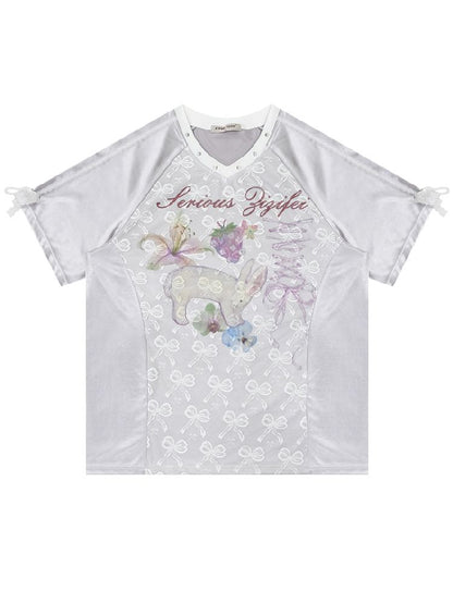 Lace Bow Gray Short Sleeve T-Shirt【s0000012245】