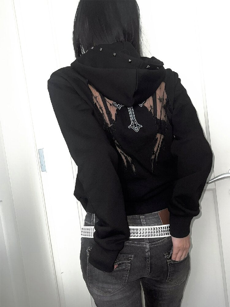 Hollow Wing Lace Cross Rivet Hoodie【s0000019268】
