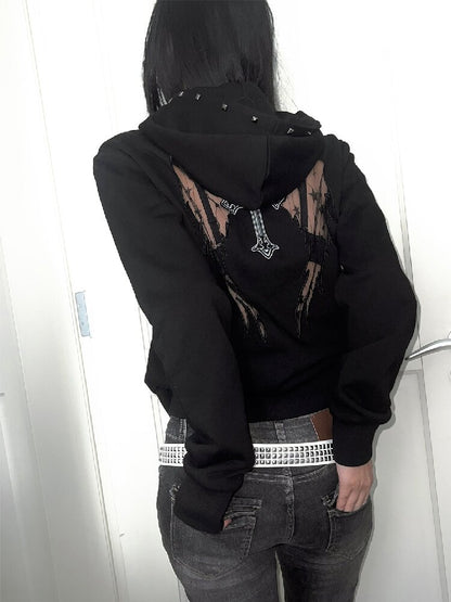Hollow Wing Lace Cross Rivet Hoodie【s0000019268】