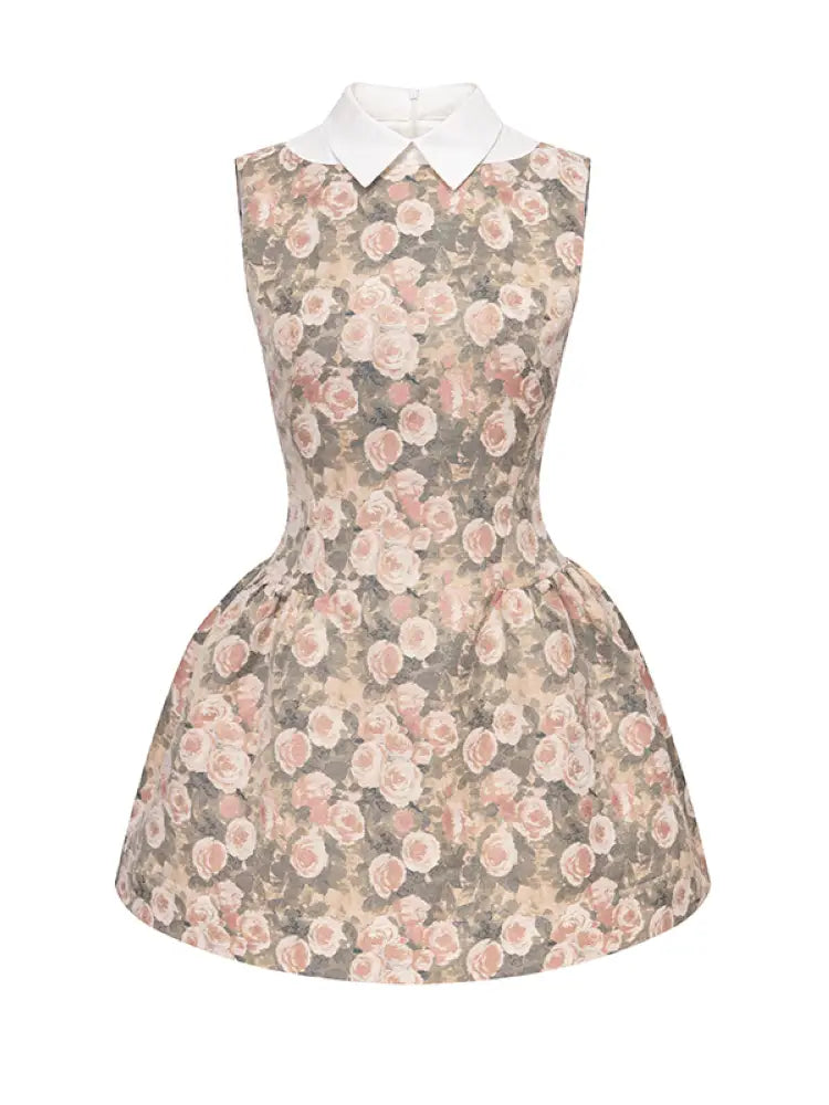 Rose Oil Painting Shirt Collar Sleeveless Dress【s0000014340】