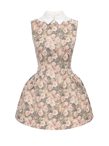 Rose Oil Painting Shirt Collar Sleeveless Dress【s0000014340】