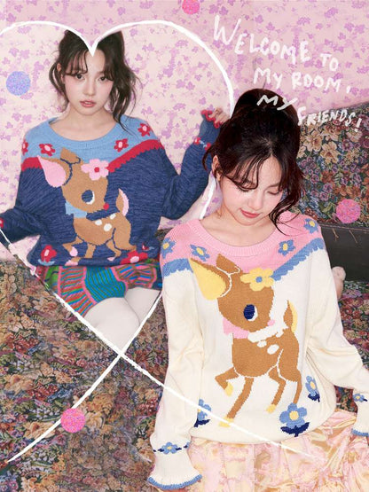 Navy Blue Off-white Fawn Sweater【s0000015025】