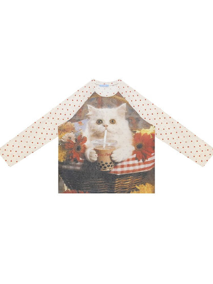 Raglan Cat Print Long Sleeve Top【s0000017886】