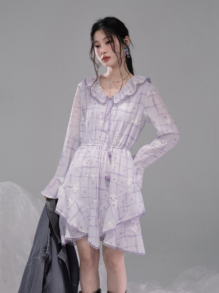 Purple Butterfly Print Ruffled Dress【s0000015739】