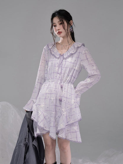 Purple Butterfly Print Ruffled Dress【s0000015739】