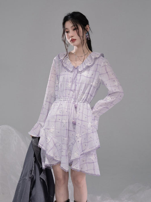 Purple Butterfly Print Ruffled Dress【s0000015739】