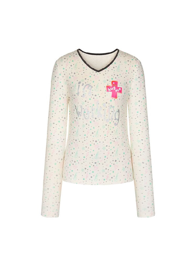 Full Print V Neck Long Sleeve Top【s0000016406】