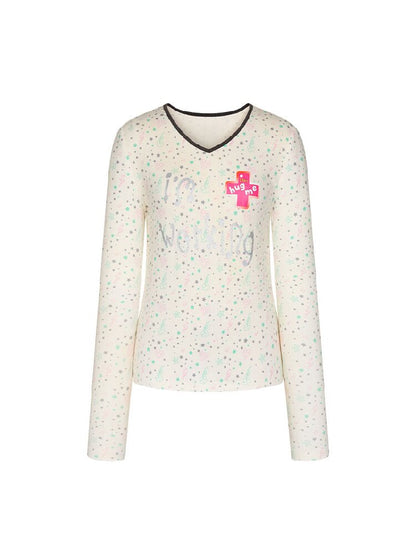 Full Print V Neck Long Sleeve Top【s0000016406】