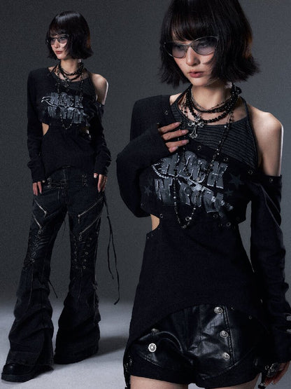 Punk Striped Halter Long-Sleeve T【s0000018003】