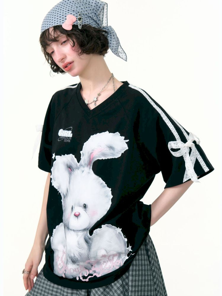 Rabbit print v-neck black short sleeve t-shirt【s0000013380】