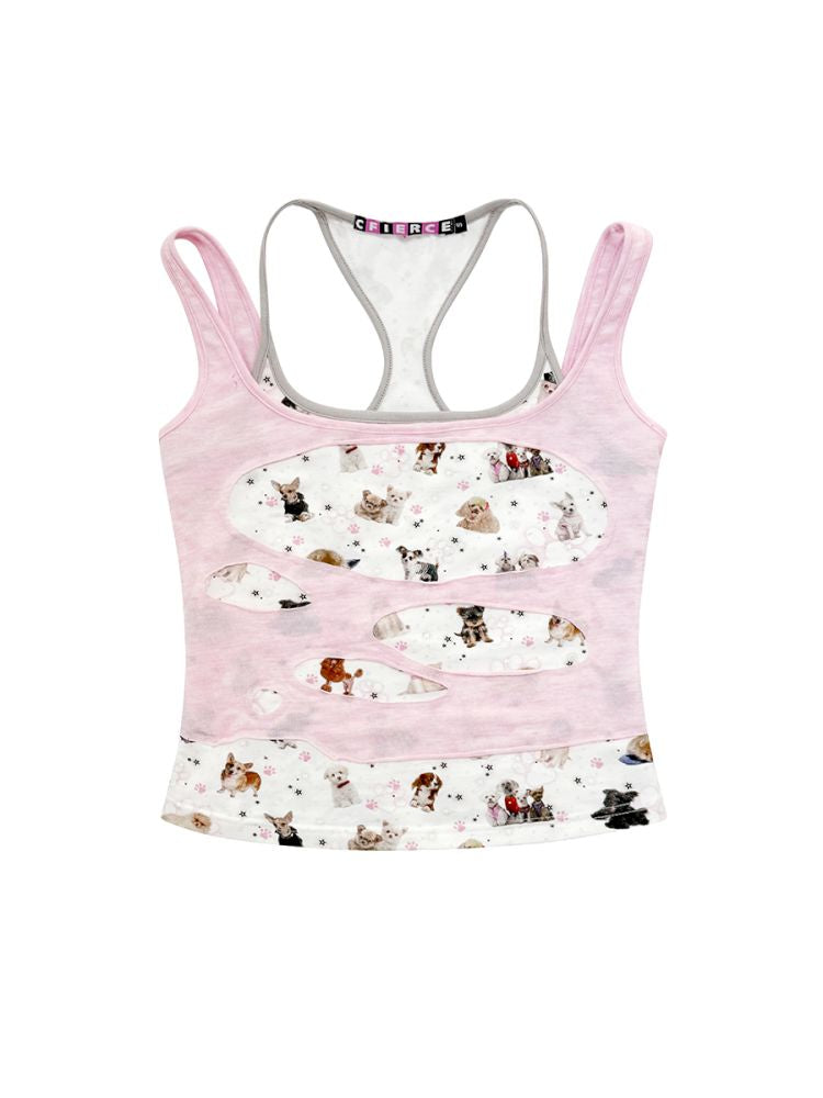 Dog Print False Two Piece Cami Tank Top【s0000013875】
