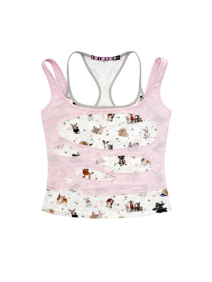 Dog Print False Two Piece Cami Tank Top【s0000013875】