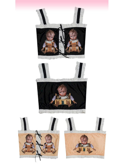 Cute doll print lace bow vest【s0000012760】