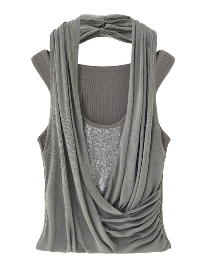 Drape Halterneck Embroidered Vest【s0000018112】