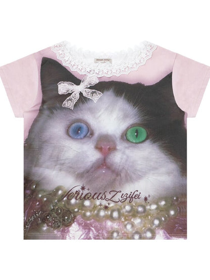 Lace Patchwork Cat Print Loose T【s0000017316】