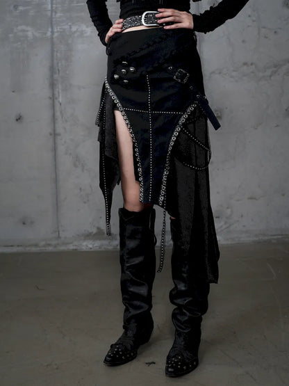 Asymmetric Leather-Satin Skirt【s0000013944】