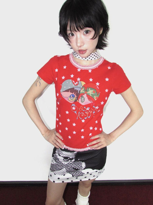 Lace Cotton Mini Print Short Top【s0000018656】