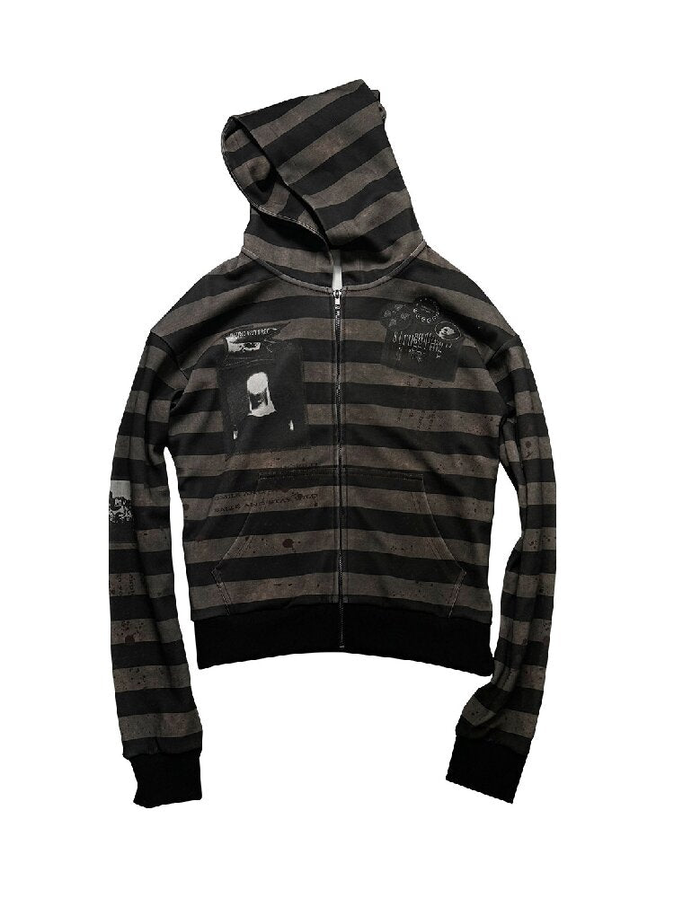 Striped Portrait Print Hooded Jacket【s0000019267】