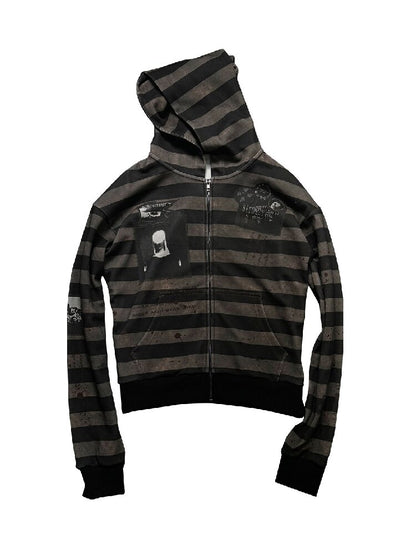 Striped Portrait Print Hooded Jacket【s0000019267】