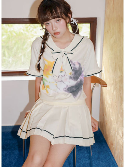 Kitten Printed Navy Neck Short Sleeve Half Dress【s0000013339】